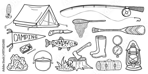 Fishing and camping gear set. Hand drawn doodle line vector illustration set. Tent, rod, lantern, salmon, axe, net, hook, lure and rubber boots icons