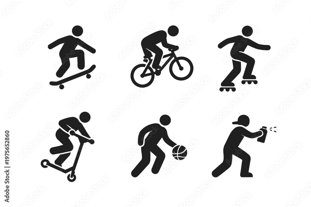 Fototapeta premium Extreme sports silhouette icon set in simple flat vector style