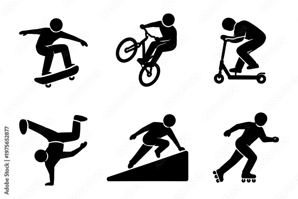 Fototapeta premium Extreme sports silhouette icon set in simple flat vector style