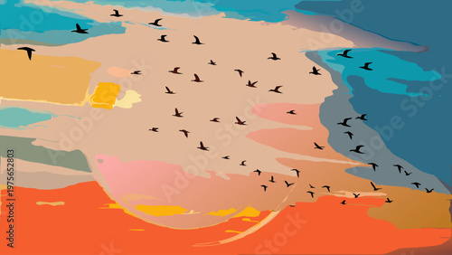 A disciplined V-formation of silhouetted birds gracefully traverses the colorful, stylized sky, creating an inspiring visual representation of teamwork and migration against a backdrop of glowing oran