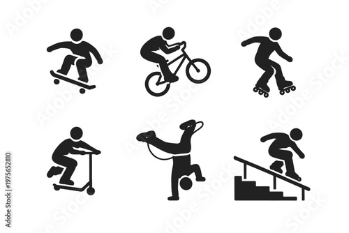 Extreme sports silhouette icon set in simple flat vector style