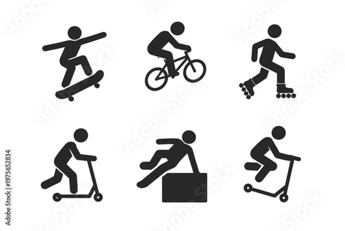 Extreme sports silhouette icon set in simple flat vector style