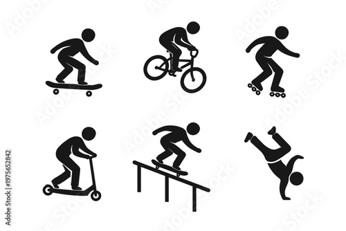 Extreme sports silhouette icon set in simple flat vector style