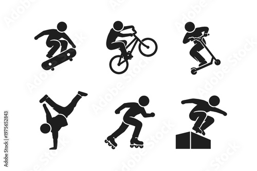 Extreme sports silhouette icon set in simple flat vector style