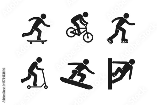 Extreme sports silhouette icon set in simple flat vector style