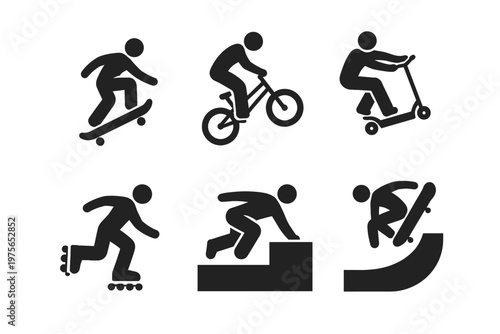 Extreme sports silhouette icon set in simple flat vector style