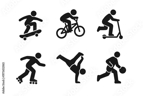 Extreme sports silhouette icon set in simple flat vector style