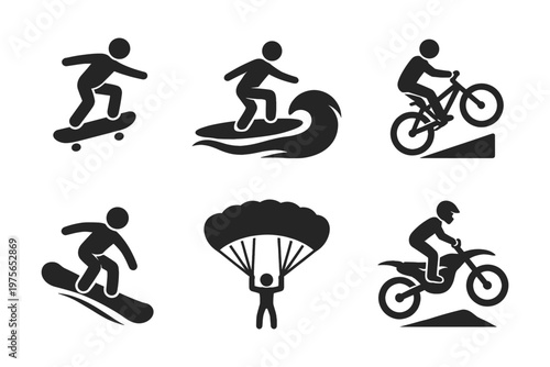 Extreme sports silhouette icon set in simple flat vector style