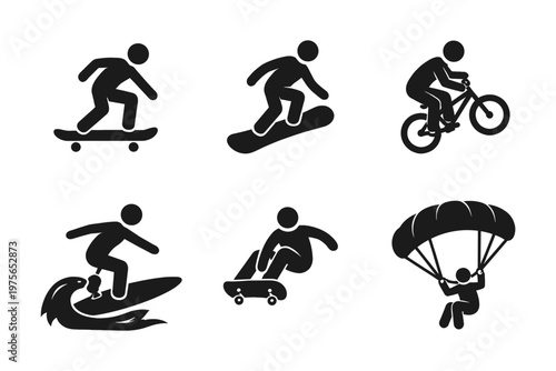 Extreme sports silhouette icon set in simple flat vector style