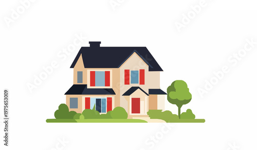 Stylized Suburban Two Story House with Red Shutters Green Bushes Family Home Vector Illustration