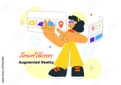 Smart Glasses Augmented Reality Illustration With Futuristic Interface, Digital Navigation Icons, Wearable Technology and Modern Innovation Design
