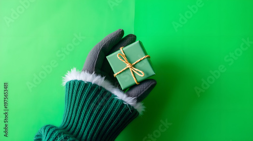 christmas gift in santa glove with green background