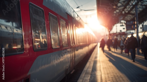 Modern Red Train Arriving at Station During Golden Hour Sunset.