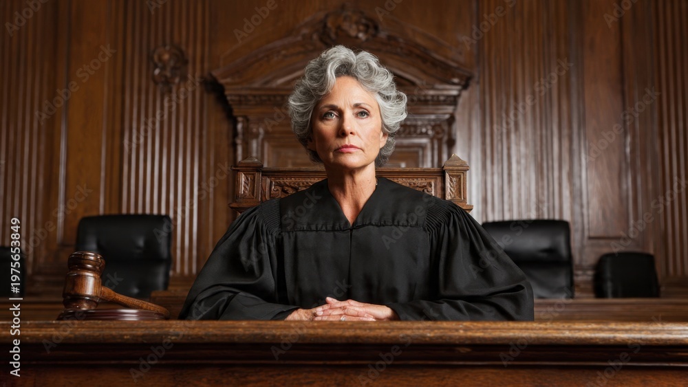 Obraz premium Confident and authoritative mature female judge with grey hair sitting behind the bench in a traditional wooden courtroom, a gavel resting on the desk, symbolizing justice and law.
