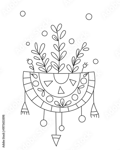 A linear hand-colored picture for relaxation. Decorative plants with a clump of leaves grow on a table. An abstract tablecloth with various patterns, hanging triangles along the edge.