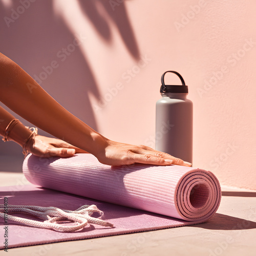 Female hands prepare a yoga mat for a class in a bright studio.