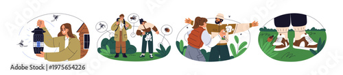 Insect bites protection and prevention, set. People using repellents outdoors, applying spray, anti mosquito lantern, covering ankle from mite. Flat vector illustration isolated on white background