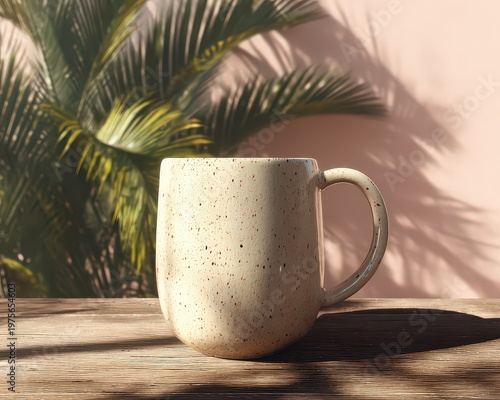Speckled Ceramic Mug with Handle Sits on Wooden Surface with Palm Frond Shadow and Soft Pink Wall Backdrop Capturing Morning Light
