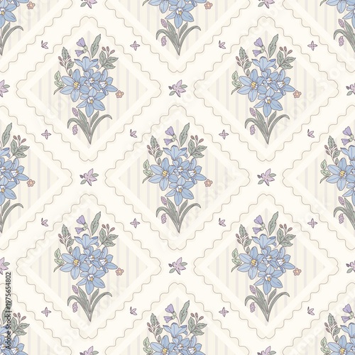 Seamless floral pattern, ditsy flower pattern, fabric print in country vintage style on stripe background, cute small flower background. Floral design for home textile, wallpaper pattern, fabric, fash