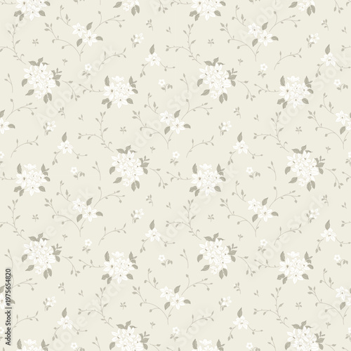 Seamless floral pattern, ditsy flower pattern, fabric print in elegant style on sage green background, soft small flower background. Floral design for home textile, wallpaper pattern, fabric, fashion.