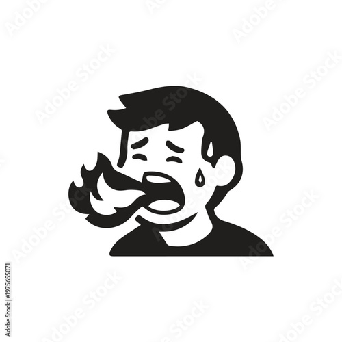 Person suffering intense heartburn or extreme spicy food reaction with fire from mouth