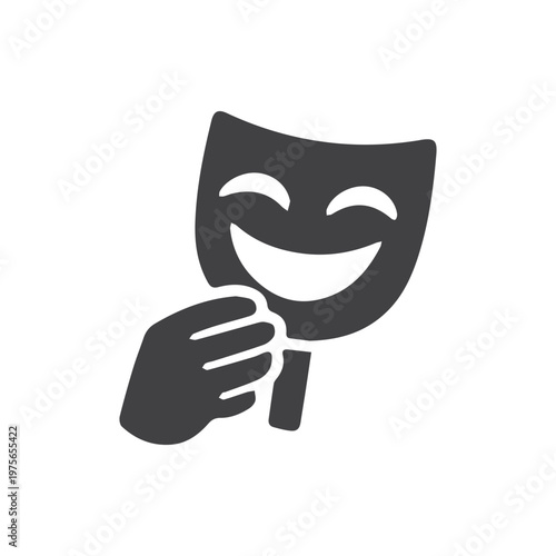 Joyful Comedy Mask Held by Hand Expressing Theatrical Happiness and Playfulness