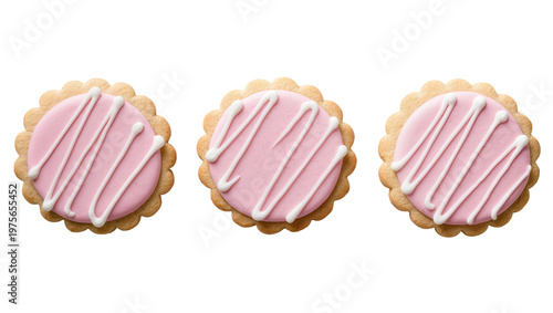 Three round cookies with pink icing and white drizzle, isolated on transparent background