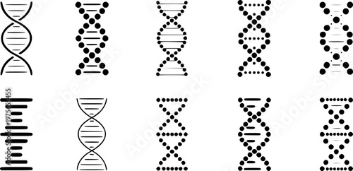 Collection of stylized black D N A helix a white background molecule science