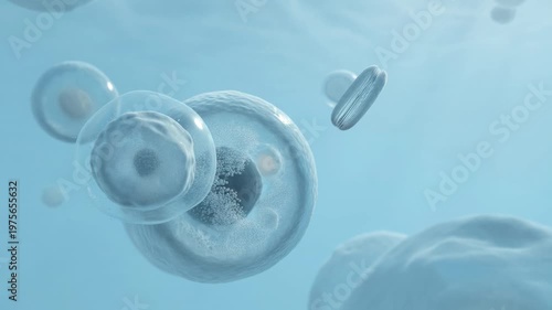 Microscopic view of biological cells with nucleus in blue fluid