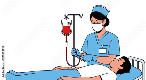 Nurse administering blood transfusion to patient in hospital bed with iv drip