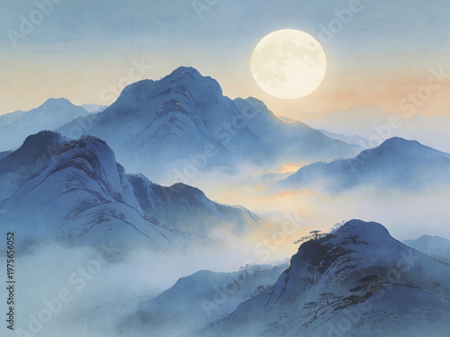 Serene Moonlight Illuminating Mist-Shrouded Peaks A Tranquil Evening Landscape of Majestic Mountains and Hazy Valleys Under a Full Moon Glow
