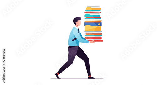 Cartoon-style vector illustration of a worker carrying a tall stack of colorful files in his arms against a clean white background, depicting a heavy workload and conveying a stressed mood