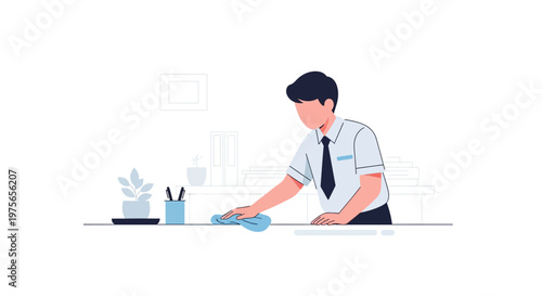 A faceless office worker, depicted in a flat vector style, is meticulously cleaning a desk with a cloth, set against a bright white backdrop in a modern office, conveying a sense