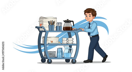 Cartoon-style illustration of a male office worker pushing a cleaning service cart filled with supplies and a coffee pot, set against a clean white background, conveying a lighthearted