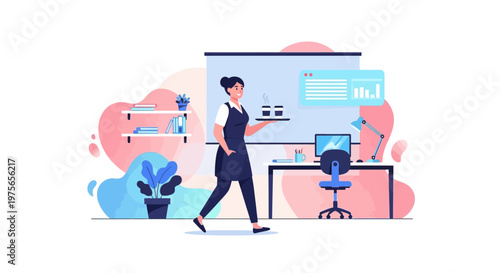 In a brightly colored vector illustration, a female cleaning service worker walks with a tray of cleaning supplies across a modern office, conveying a sense of professional cleanliness