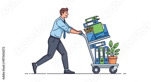 A cheerful office worker pushes a hand truck loaded with files and office supplies in a vector illustration, set against a clean white background, with a bright and efficient mood