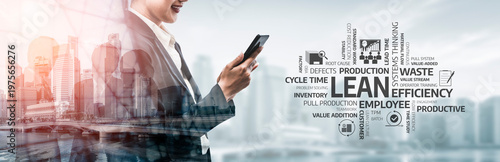 A business professional stands in an urban setting while checking a smartphone. Lean management concepts highlight strategies for efficiency and productivity. Tessel