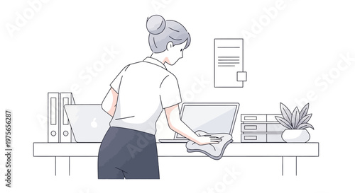 Line art illustration of a female cleaning staff character wiping a laptop in a modern office, demonstrating a cleaning service job with a minimalist style and a clean white background
