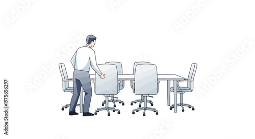 A hand-drawn illustration shows a person arranging chairs around a conference table in a minimalist style, depicting a clean and organized workplace against a bright white background