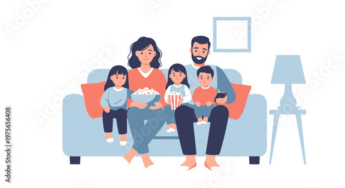 Happy family sitting on the couch together watching a movie. EPS Editable. Vector Illustrations.