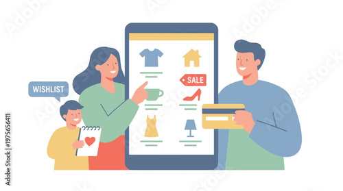 Happy Family Shopping Online Together Using Mobile Device. EPS Editable. Vector Illustrations.