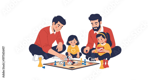 Happy gay couple playing board games with their two daughters at home. EPS Editable. Vector Illustrations.