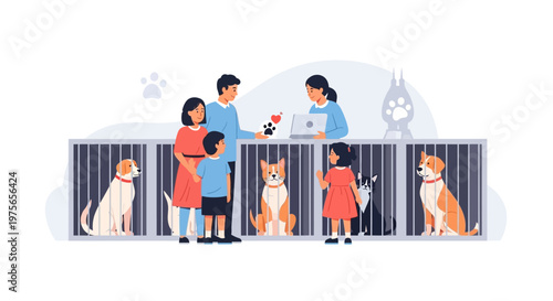 Family adopting dogs at animal shelter with staff. EPS Editable. Vector Illustrations.