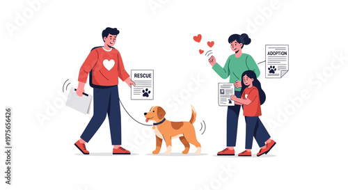 Family Adopting a Rescue Dog Illustration. EPS Editable. Vector Illustrations.