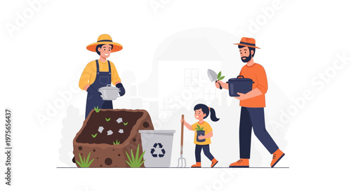 Family composting organic waste in a home garden together. EPS Editable. Vector Illustrations.