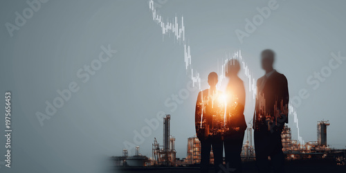 Three business professional silhouettes stand against glowing industrial plant and financial candlestick chart overlay.
