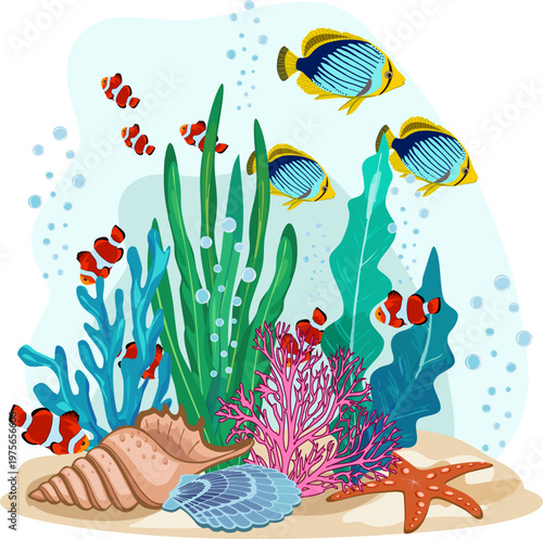 Color illustration with fish and algae.Vector illustration of the underwater world with fish, seaweed and shells.