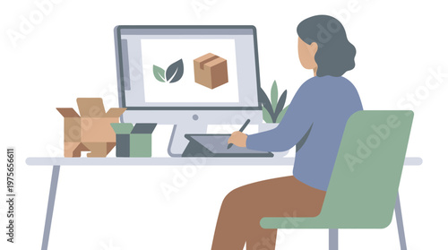 Graphic Designer Creating Sustainable Packaging Illustration. EPS Editable. Vector Illustrations.