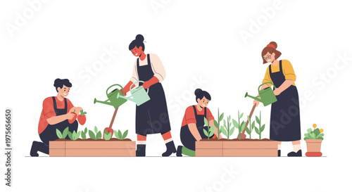 Group of diverse gardeners tending to plants in wooden garden beds. EPS Editable. Vector Illustrations.