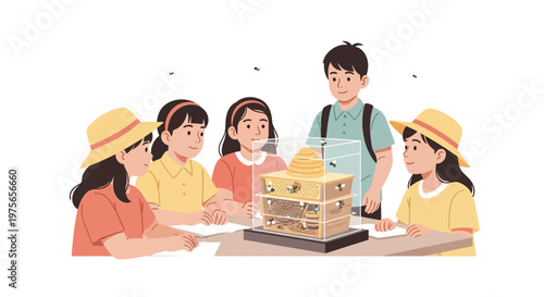 Group of diverse elementary school students observing a science experiment model in a classroom. EPS Editable. Vector Illustrations.